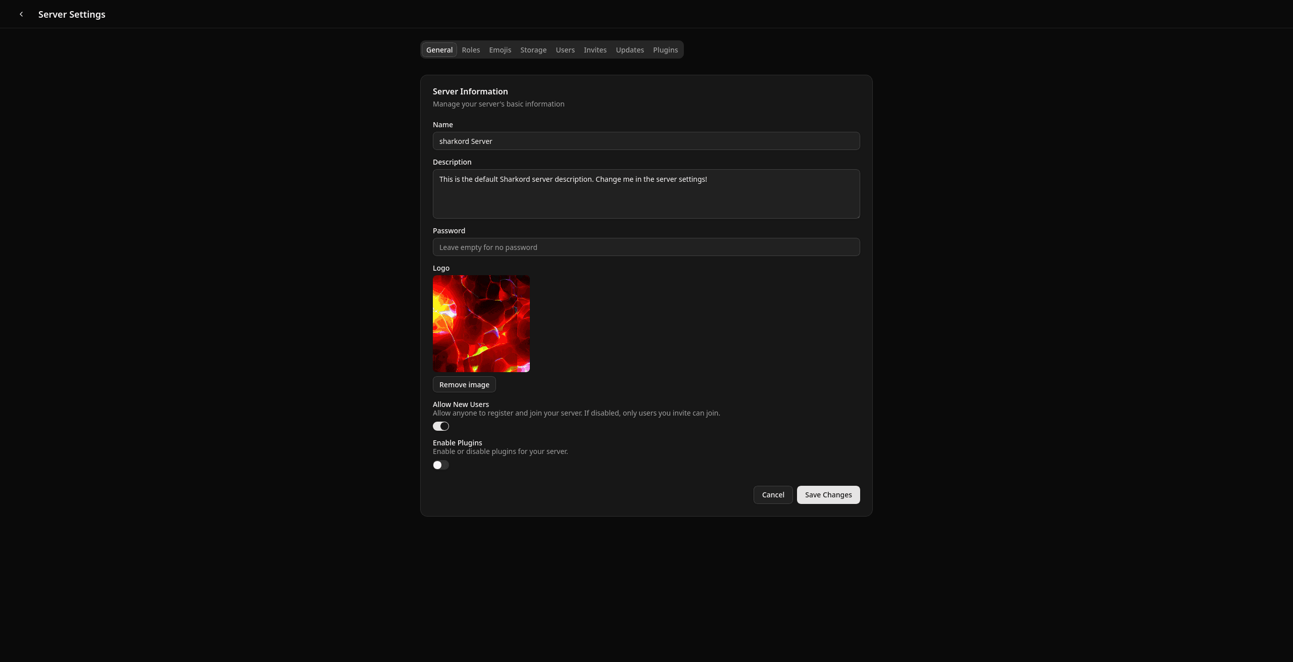 The settings screen, showing the server name, description and a few switches