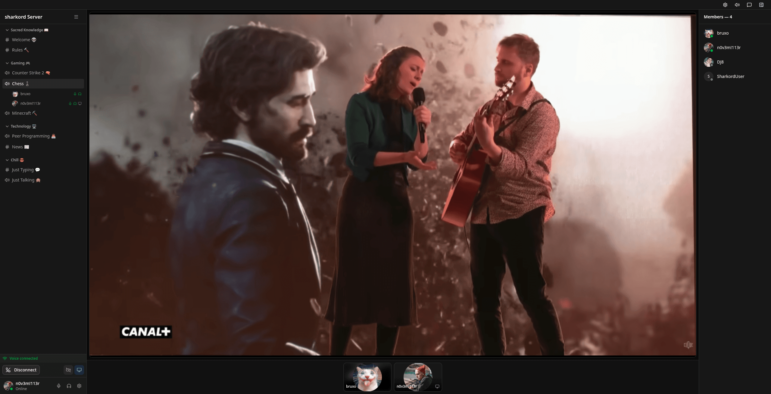 A film playing on a shared screen while the people in the voice room watch