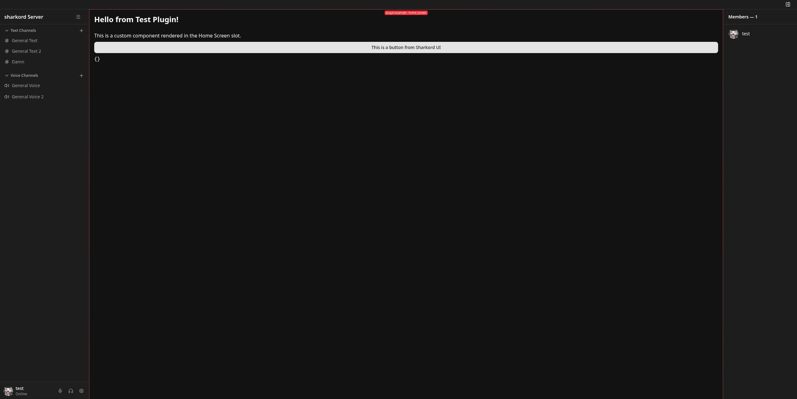 A plugin component rendered on the Sharkord home screen